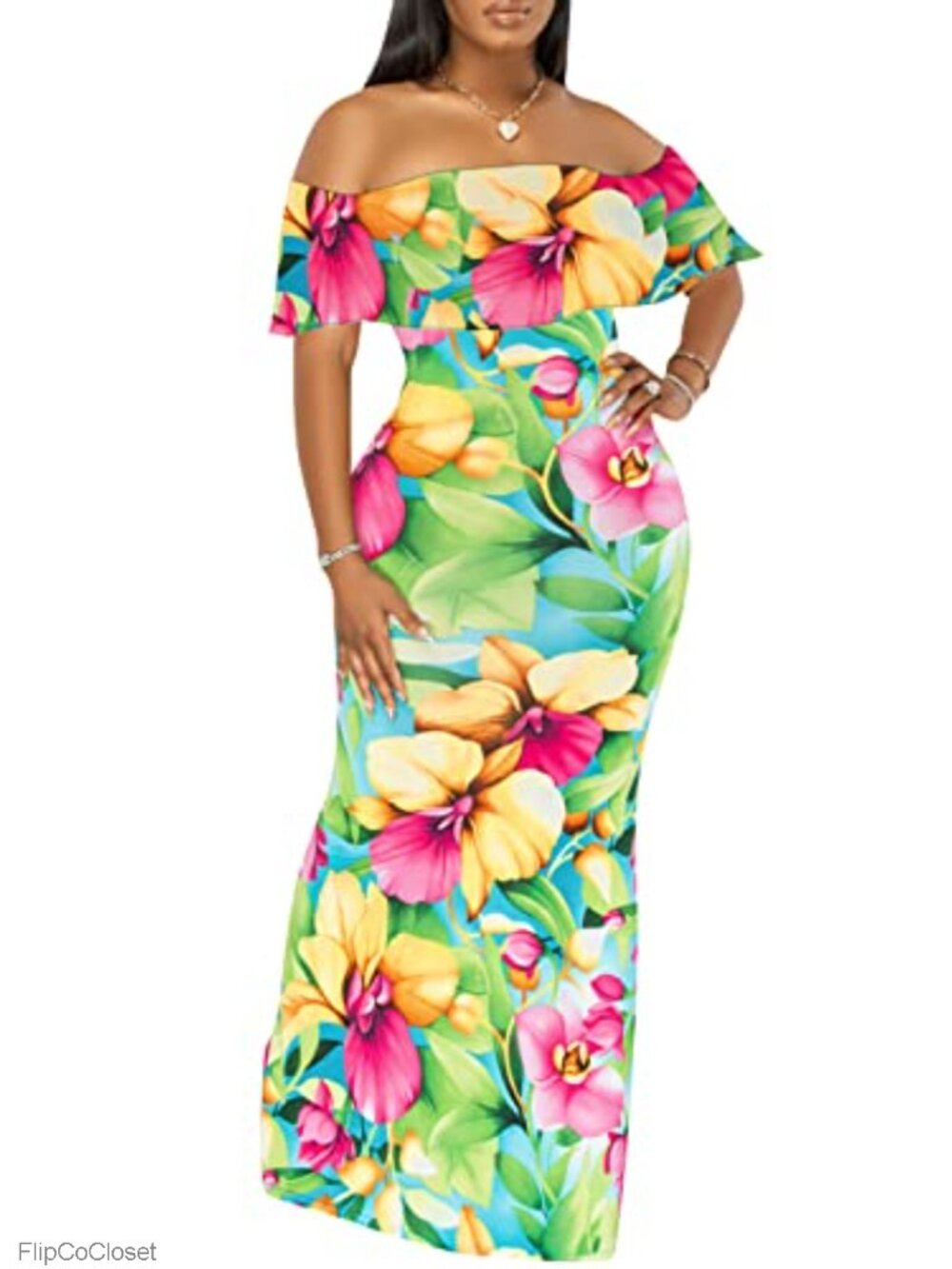 Off Shoulder Floral Maxi Dress Hawaiian Long Party Dress